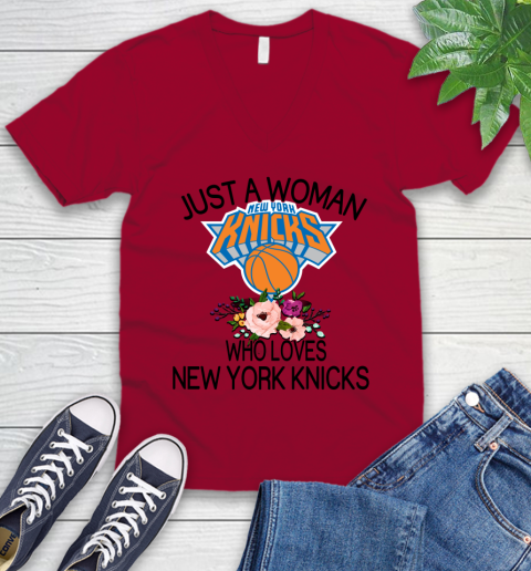 NBA Just A Woman Who Loves New York Knicks Basketball Sports V-Neck T-Shirt 5
