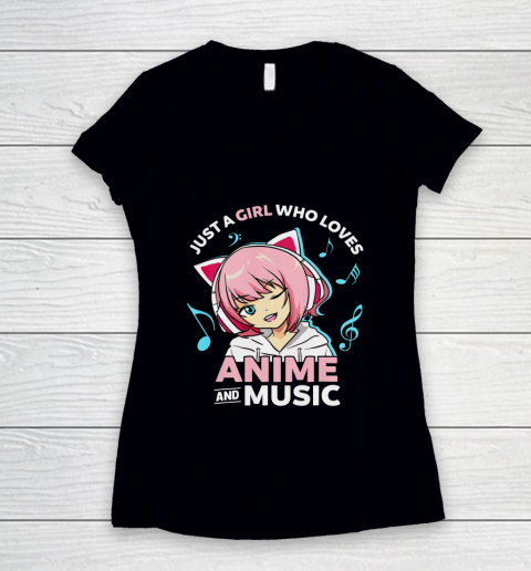 Just A Girl Who Loves Anime and Music Women Anime Teen Girls Women's V-Neck T-Shirt