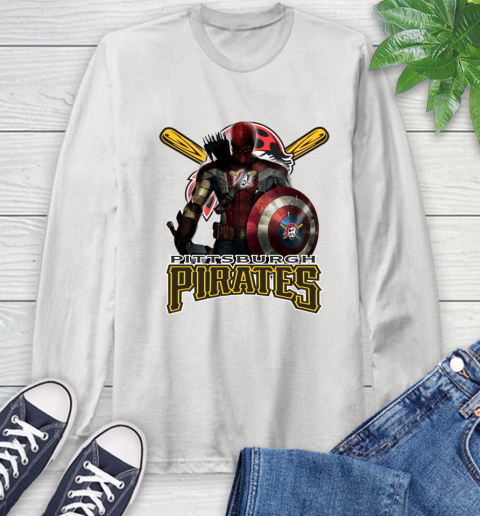 MLB Captain America Thor Spider Man Hawkeye Avengers Endgame Baseball Pittsburgh Pirates Long Sleeve T-Shirt