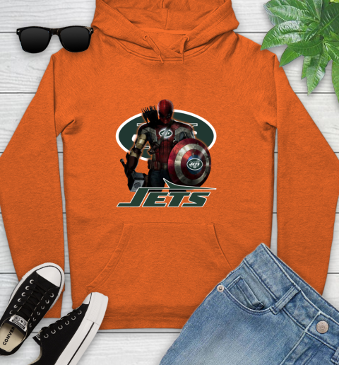 NFL Captain America Thor Spider Man Hawkeye Avengers Endgame Football New York Jets Youth Hoodie 5