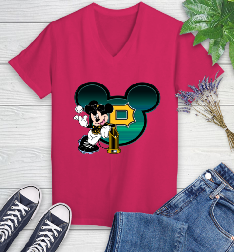 MLB Pittsburgh Pirates The Commissioner's Trophy Mickey Mouse Disney Women's V-Neck T-Shirt 9