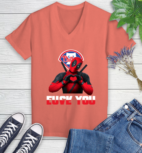 MLB Philadelphia Phillies Deadpool Love You Fuck You Baseball Sports Women's V-Neck T-Shirt 6