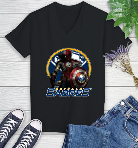 NHL Captain America Thor Spider Man Hawkeye Avengers Endgame Hockey Buffalo Sabres Women's V-Neck T-Shirt 2