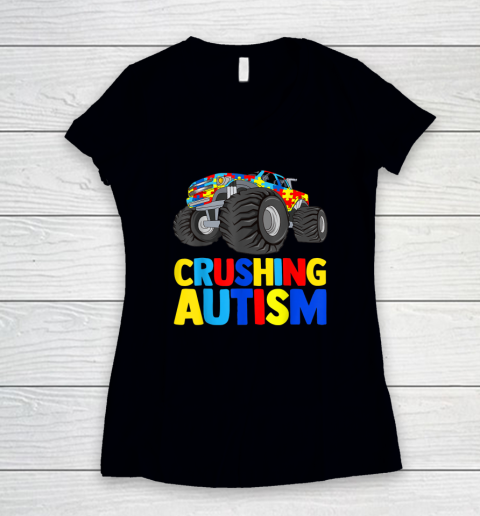 Monster Truck Crushing Autism  Autism Awareness Women's V-Neck T-Shirt