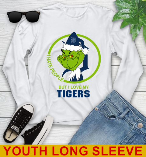 Detroit Tigers MLB Christmas Grinch I Hate People But I Love My Favorite Baseball Team Youth Long Sleeve