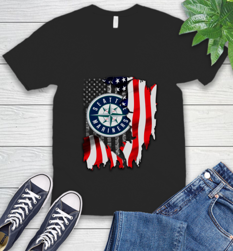 Seattle Mariners MLB Baseball American Flag V-Neck T-Shirt