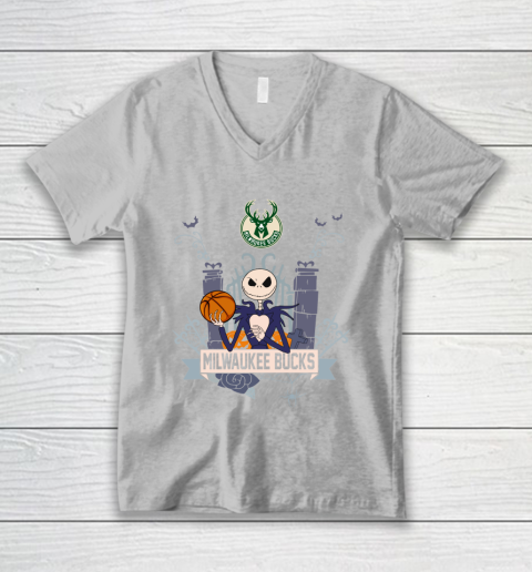 NBA Milwaukee Bucks Basketball Jack Skellington Halloween V-Neck T-Shirt 3