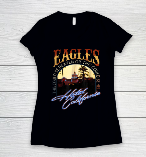 Vintage EAGLES Hotels Art Californias Band Music Legend Women's V-Neck T-Shirt