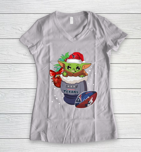 Houston Texans Christmas Baby Yoda Star Wars Funny Happy NFL Women's V-Neck T-Shirt 2
