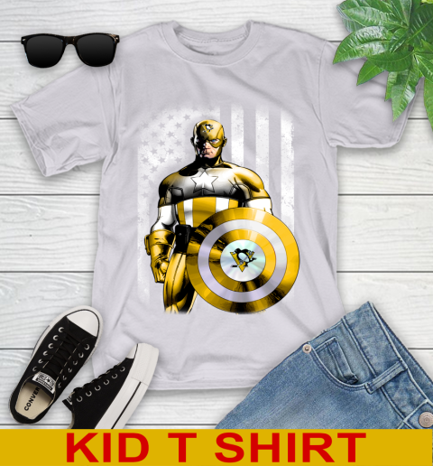 Pittsburgh Penguins NHL Hockey Captain America Marvel Avengers American Flag Shirt Youth T-Shirt 4