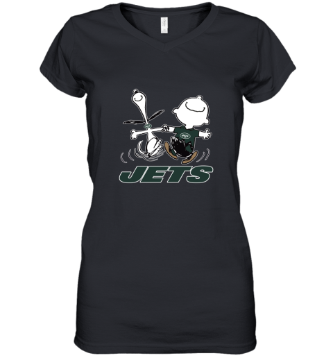 Snoopy And Charlie Brown Happy New York Jets Fans Women's V-Neck T-Shirt