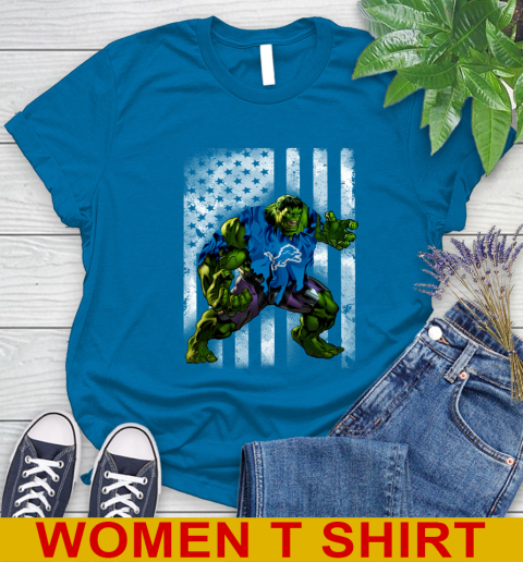 Detroit Lions Hulk Marvel Avengers NFL Football American Flag Women's T-Shirt 8