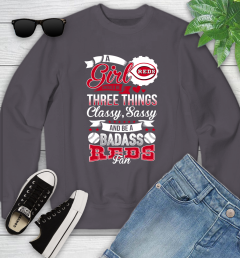 Cincinnati Reds MLB Baseball A Girl Should Be Three Things Classy Sassy And A Be Badass Fan Youth Sweatshirt - Image 6