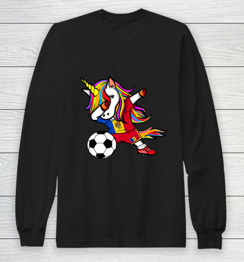 Dabbing Unicorn Moldova Football Moldovan Flag Soccer Long Sleeve T-Shirt