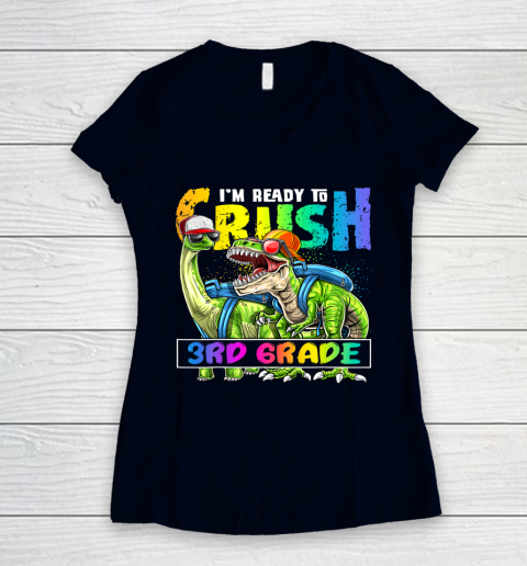 Next Level t shirts I m Ready To Crush 3Rd Grade T Rex Dino Holding Pencil Back To School Women's V-Neck T-Shirt 2