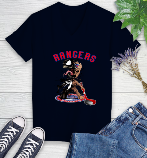 NHL New York Rangers Hockey Venom Groot Guardians Of The Galaxy Women's V-Neck T-Shirt 3