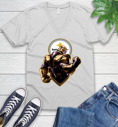 NFL Thanos Avengers Endgame Football Sports Pittsburgh Steelers V-Neck T-Shirt