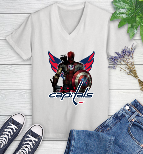 NHL Captain America Thor Spider Man Hawkeye Avengers Endgame Hockey Washington Capitals Women's V-Neck T-Shirt