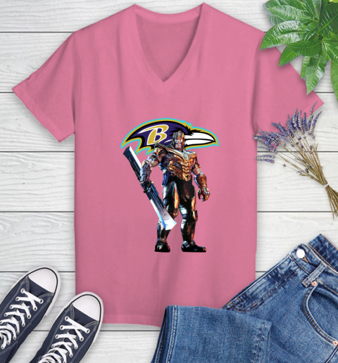 NFL Thanos Gauntlet Avengers Endgame Football Baltimore Ravens Women's V-Neck T-Shirt 13