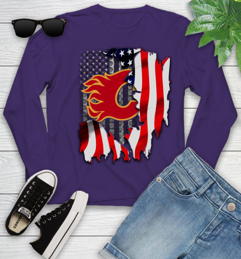 Calgary Flames NHL Hockey American Flag Youth Long Sleeve 4