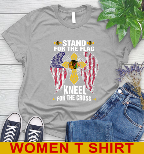 NHL Hockey Chicago Blackhawks Stand For Flag Kneel For The Cross Shirt Women's T-Shirt 5