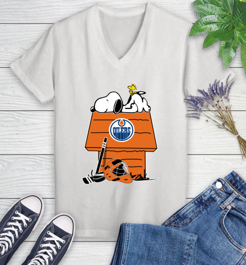 Edmonton Oilers NHL Hockey Snoopy Woodstock The Peanuts Movie Women's V-Neck T-Shirt