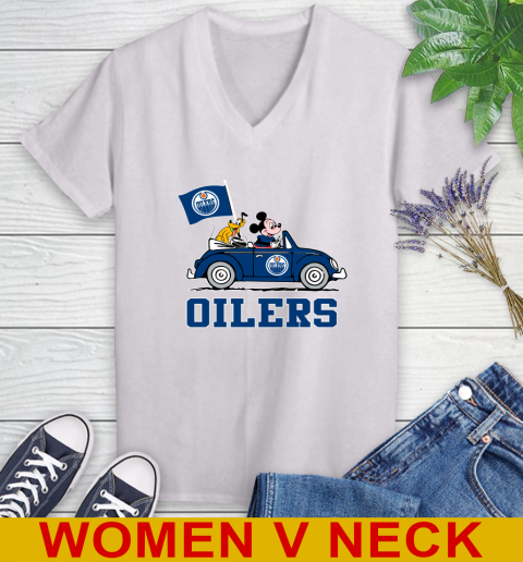 NHL Hockey Edmonton Oilers Pluto Mickey Driving Disney Shirt Women's V-Neck T-Shirt