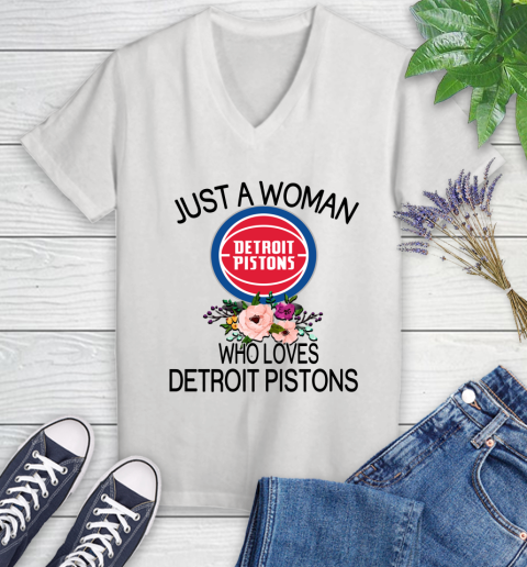 NBA Just A Woman Who Loves Detroit Pistons Basketball Sports Women's V-Neck T-Shirt