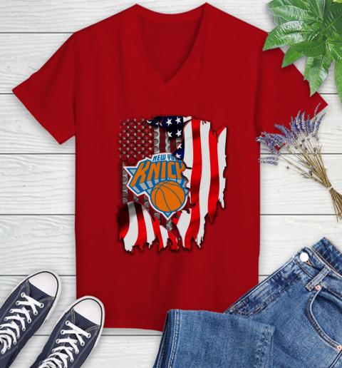 New York Knicks NBA Basketball American Flag Women's V-Neck T-Shirt 11