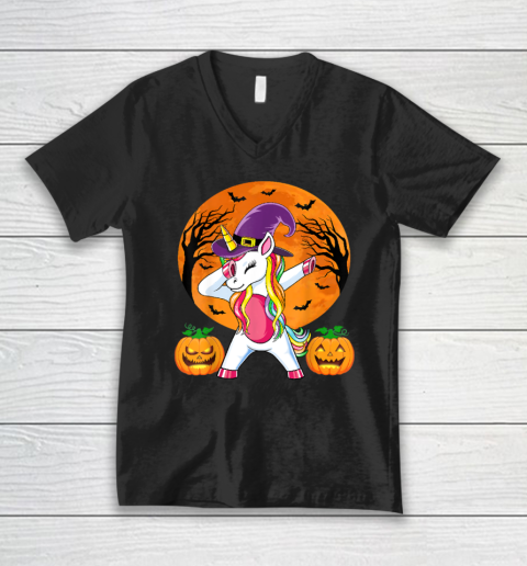 Cute Halloween Shirt Girls Women Witchy Unicorn Halloween V-Neck T-Shirt