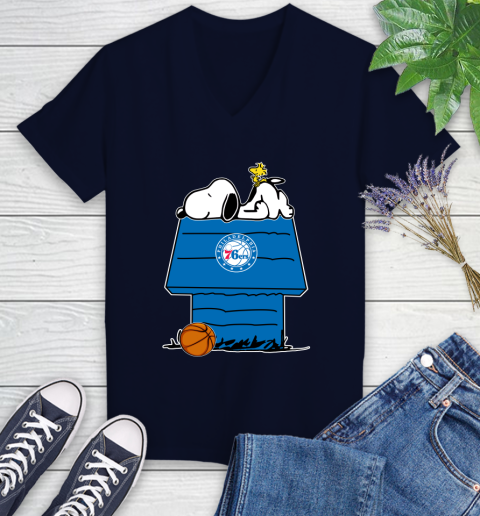Philadelphia 76ers NBA Basketball Snoopy Woodstock The Peanuts Movie Women's V-Neck T-Shirt 3