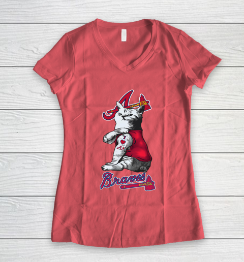 MLB Baseball My Cat Loves Atlanta Braves Women's V-Neck T-Shirt 4