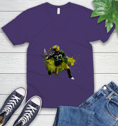 Aaron Jones Running Green Bay Packers V-Neck T-Shirt 9