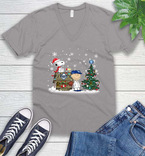 MLB Tampa Bay Rays Snoopy Charlie Brown Christmas Baseball Commissioner's Trophy V-Neck T-Shirt 3
