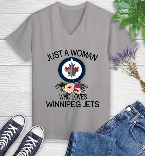 NHL Just A Woman Who Loves Winnipeg Jets Hockey Sports Women's V-Neck T-Shirt 2