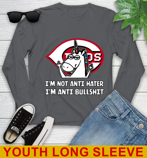 Cincinnati Reds MLB Baseball Unicorn I'm Not Anti Hater I'm Anti Bullshit Youth Long Sleeve 9