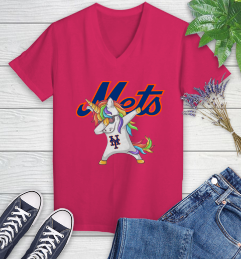 New York Mets MLB Baseball Funny Unicorn Dabbing Sports Women's V-Neck T-Shirt 9