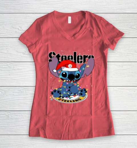 Pittsburgh Steelers NFL Football noel stitch Christmas Women's V-Neck T-Shirt 3