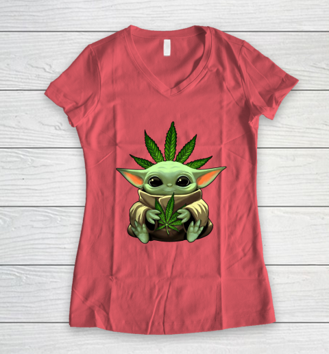 Baby Yoda Hug Marijuana Canabis Women's V-Neck T-Shirt 6