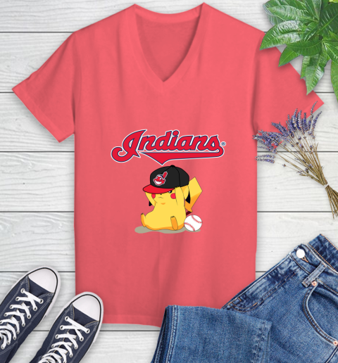 MLB Pikachu Baseball Sports Cleveland Indians Women's V-Neck T-Shirt 6