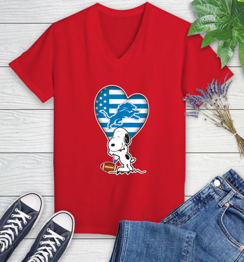 Detroit Lions NFL Football The Peanuts Movie Adorable Snoopy Women's V-Neck T-Shirt 12