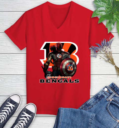 NFL Captain America Thor Spider Man Hawkeye Avengers Endgame Football Cincinnati Bengals Women's V-Neck T-Shirt 12