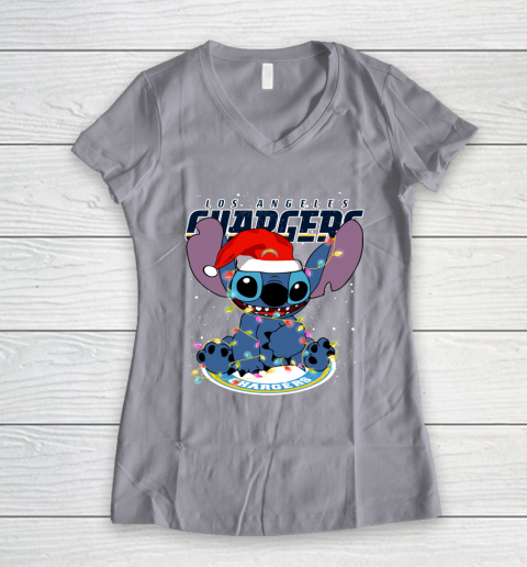 Los Angeles Chargers NFL Football noel stitch Christmas Women's V-Neck T-Shirt 2