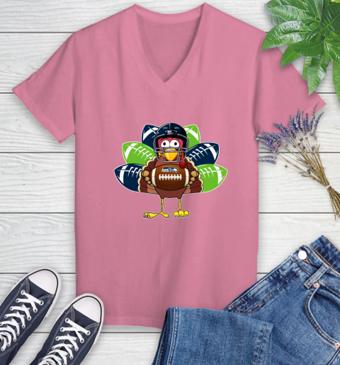 Seattle Seahawks Turkey Thanksgiving Day Women's V-Neck T-Shirt 13