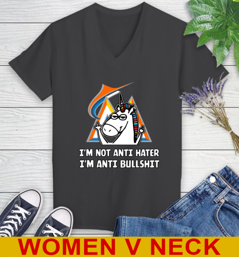 Miami Marlins MLB Baseball Unicorn I'm Not Anti Hater I'm Anti Bullshit Women's V-Neck T-Shirt 9