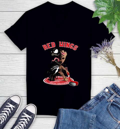 NHL Detroit Red Wings Hockey Venom Groot Guardians Of The Galaxy Women's V-Neck T-Shirt 2