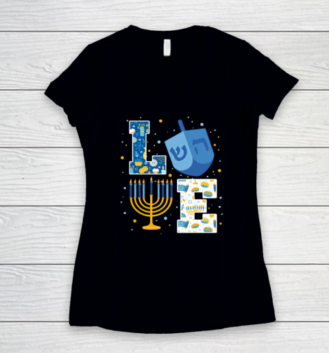 LOVE Cute Hanukkah Decorations Dreidel Menorah Chanukah Women's V-Neck T-Shirt