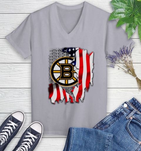 Boston Bruins NHL Hockey American Flag Women's V-Neck T-Shirt 4