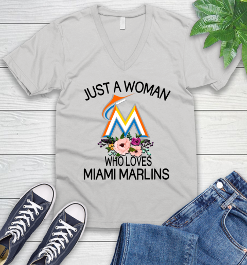 MLB Just A Woman Who Loves Miami Marlins Baseball Sports V-Neck T-Shirt