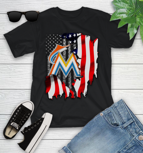 Miami Marlins MLB Baseball American Flag Youth T-Shirt